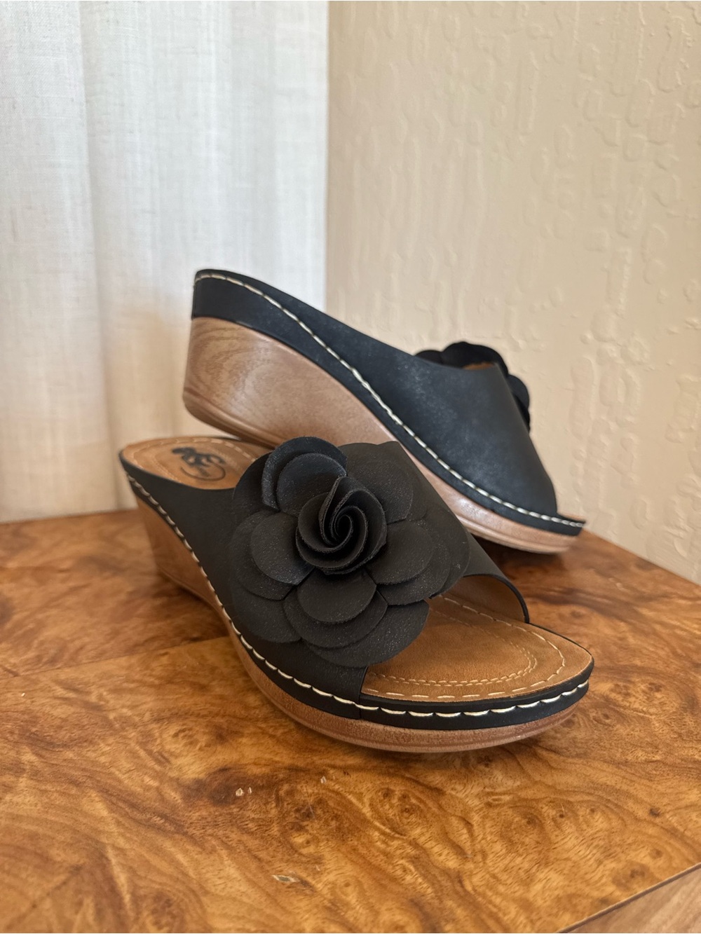 Black Floral Appliqué Wedge Slide Sandals